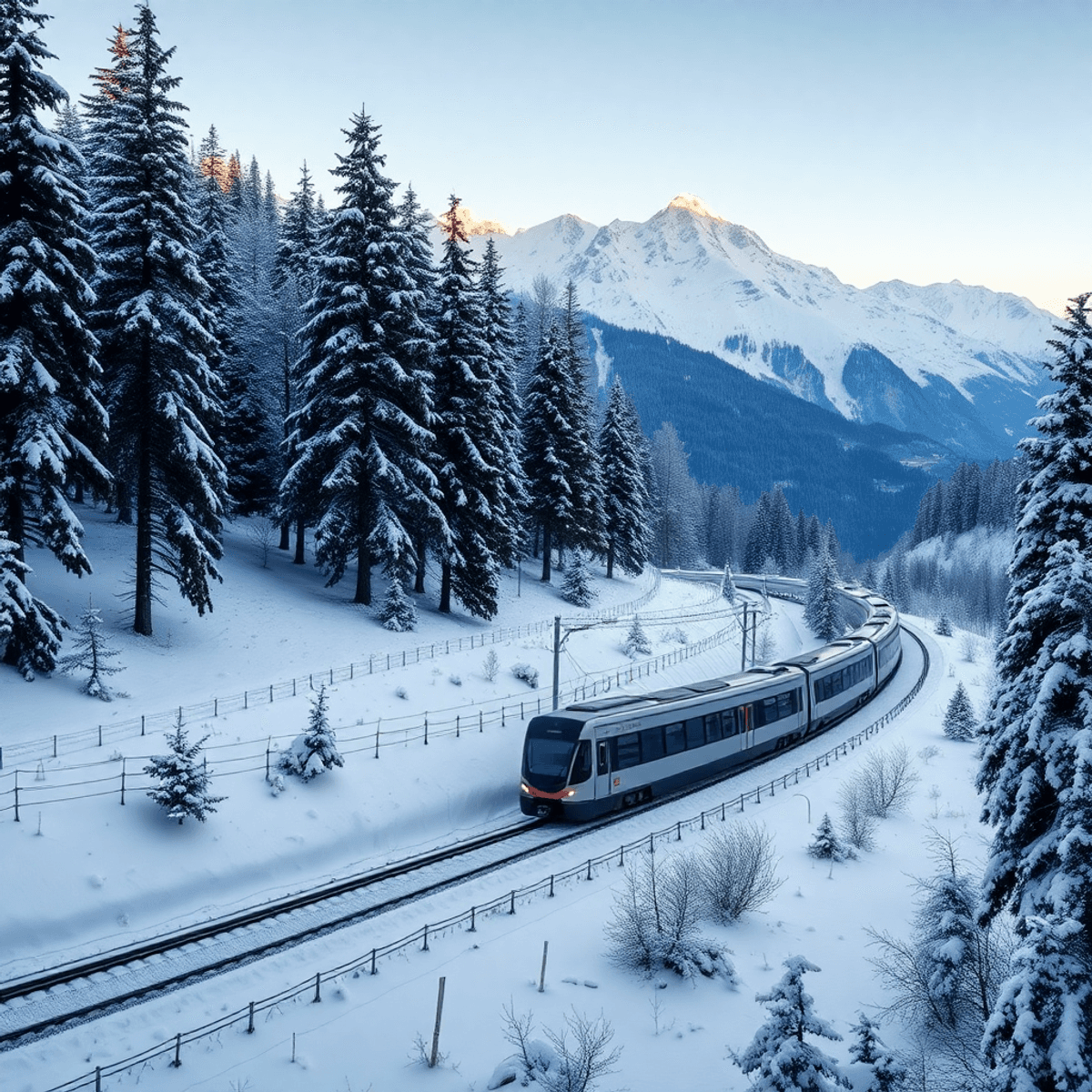 Panoramic winter landscape of snowy Swiss Alps with a modern train winding through pine trees and majestic peaks under soft daylight.