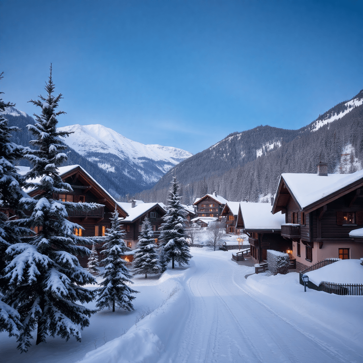 Snow-covered Swiss alpine village with wooden chalets, warm glowing lights, pine trees dusted with snow, set against clear blue sky in a peaceful w...
