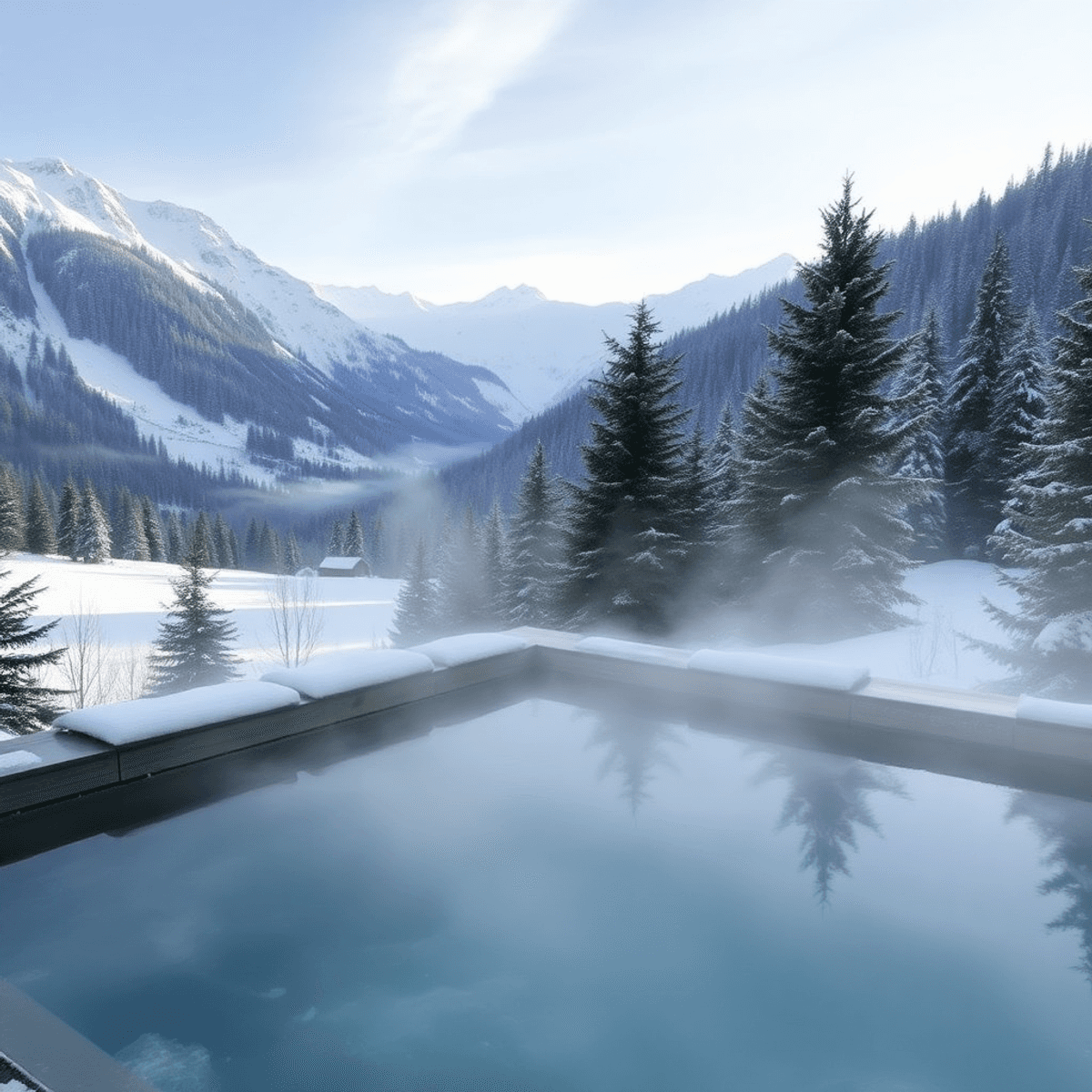 Snow-covered alpine mountains with a steaming thermal spa pool surrounded by evergreen trees and soft mist in a tranquil winter setting.
