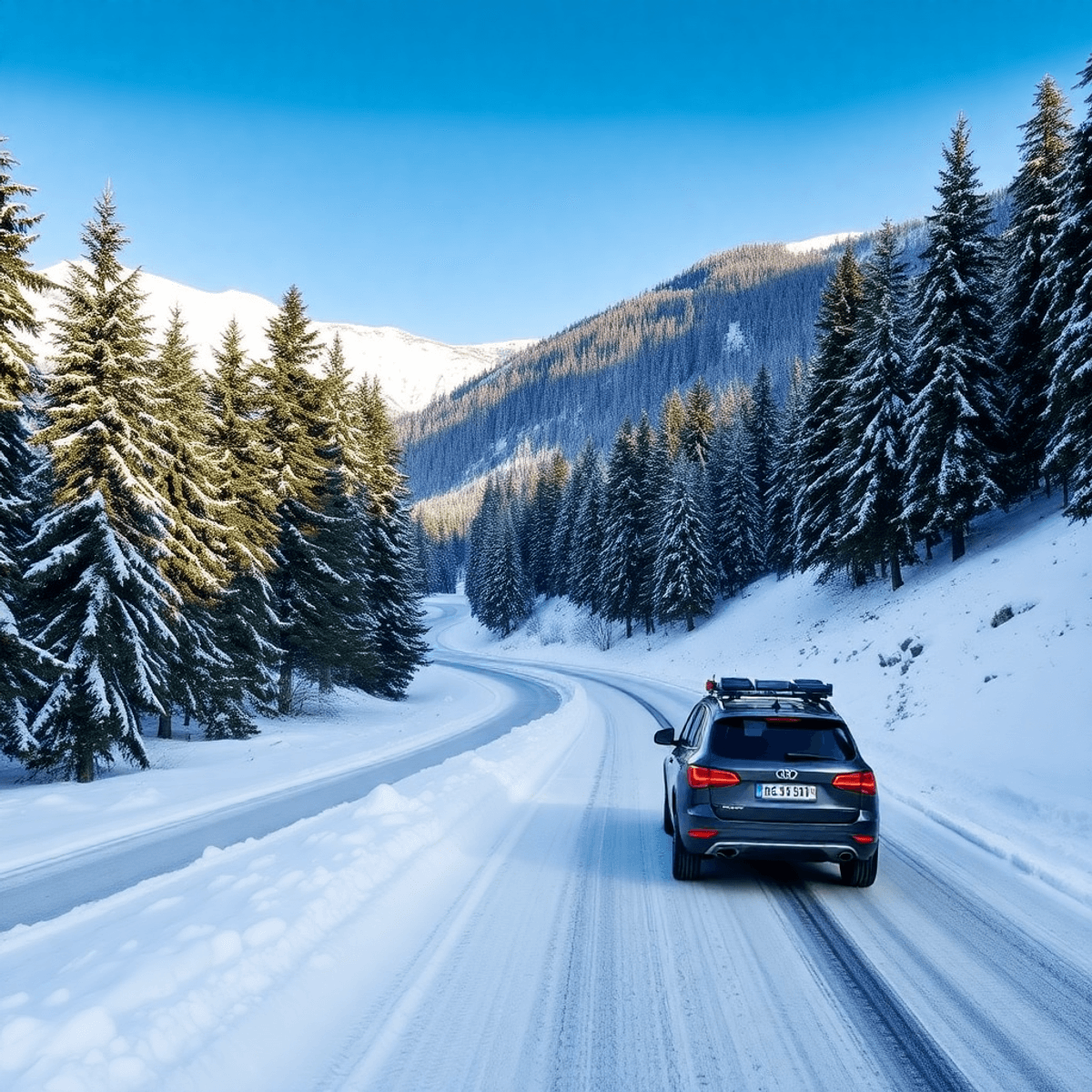 Winter mountain road in the Swiss Alps with snow-covered pine trees and a winter-ready car driving under a clear blue sky.